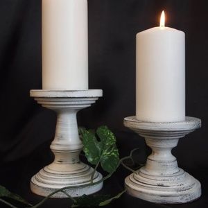 (SOLD) Farmhouse Wooden Pillar Candle Holder | White with Black Undertones